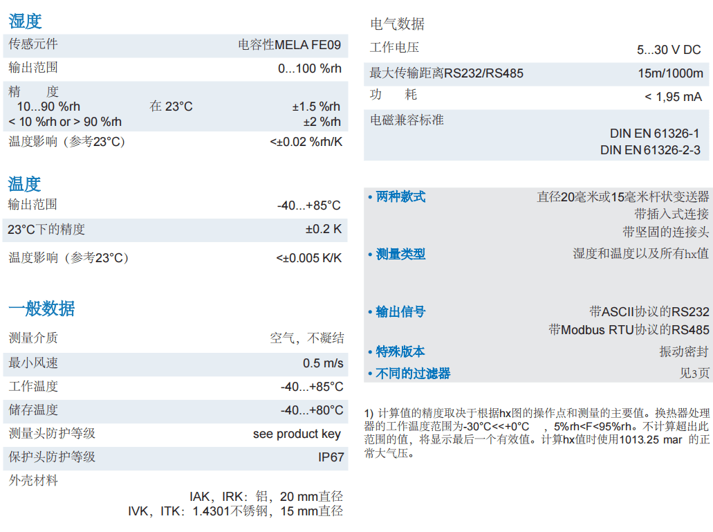 蓋加美Galltec+mela I系列 溫濕度變送器參數(shù)