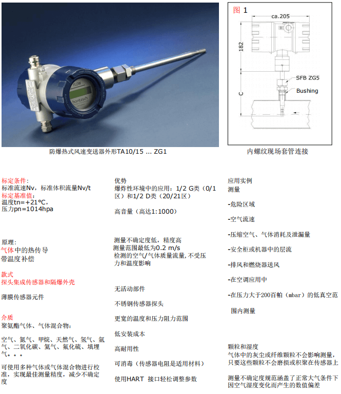 Hontzsch虹啟防爆熱式風(fēng)速、風(fēng)量變送器 TA10/15...ZG1參數(shù)