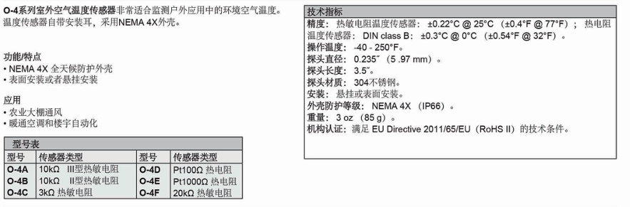 DWYER德威爾 O-4系列 室外空氣溫度傳感器參數(shù)