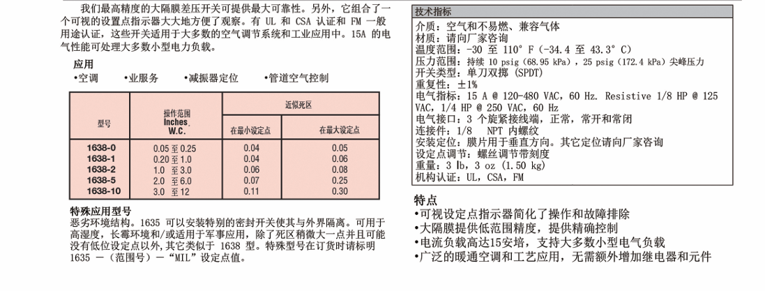 DWYER德威爾 1638系列 大隔膜差壓開關(guān)參數(shù)